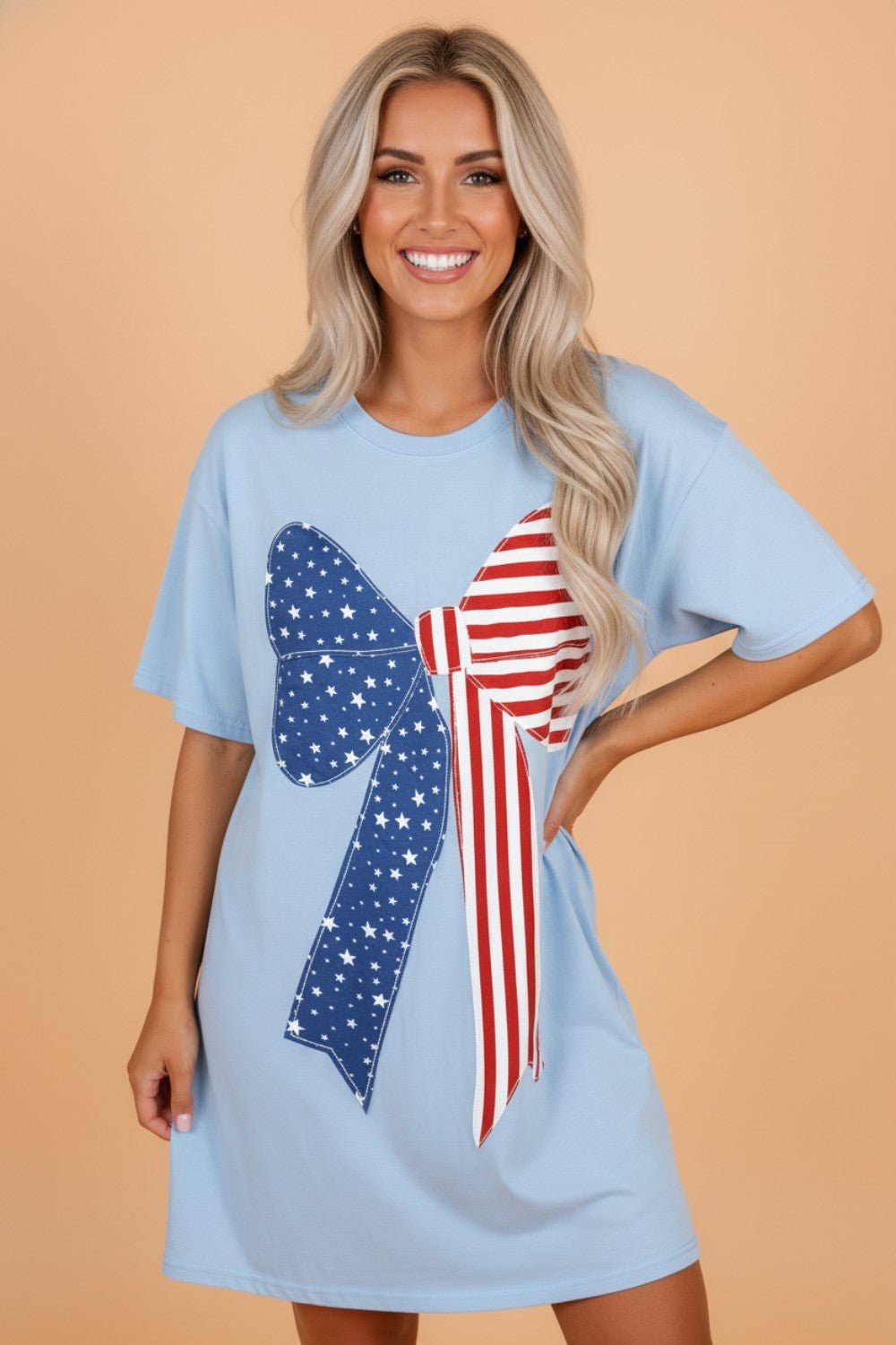 Patriotic Flag Bow Patchwork Mini T-Shirt Dress - Rooted & Reckless Co.