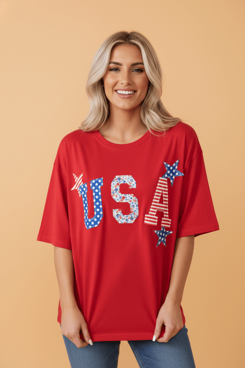 Patriotic USA Patch Embroidered Short Sleeve T-Shirt - Rooted & Reckless Co.