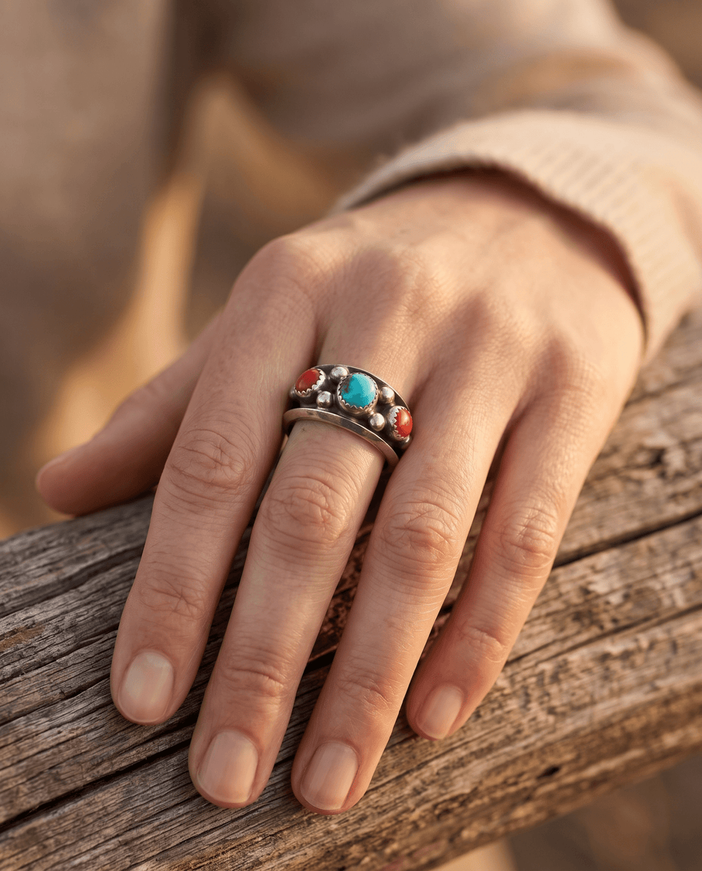 Paul Largo Navajo Turquoise & Coral Sterling Silver Ring — Size 9 - Rooted & Reckless Co.