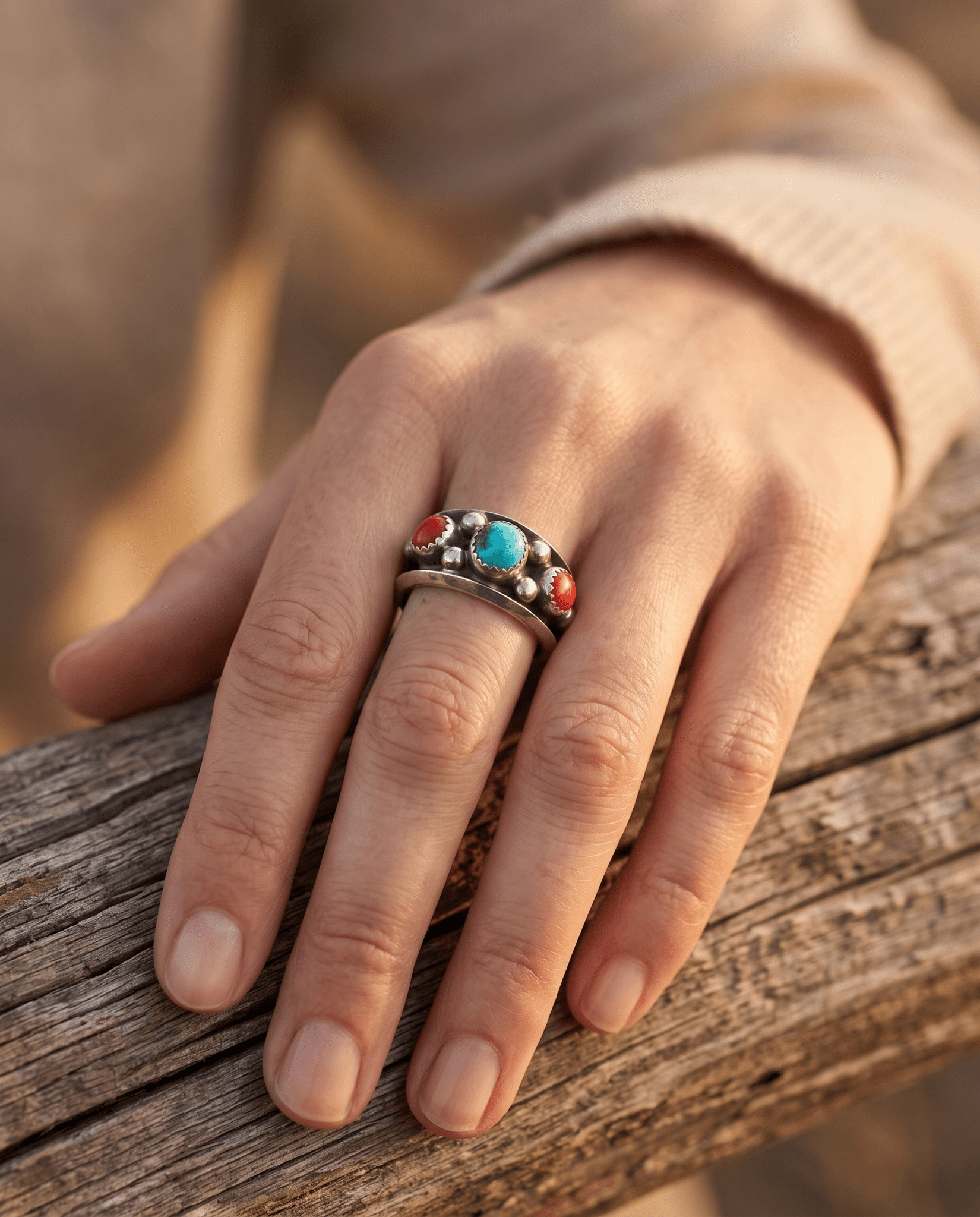 Paul Largo Navajo Turquoise & Coral Sterling Silver Ring — Size 9 - Rooted & Reckless Co.
