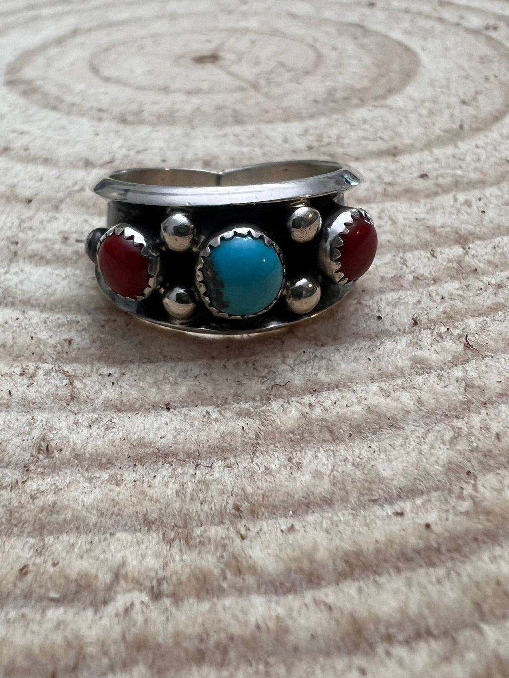 Paul Largo Navajo Turquoise & Coral Sterling Silver Ring — Size 9 - Rooted & Reckless Co.
