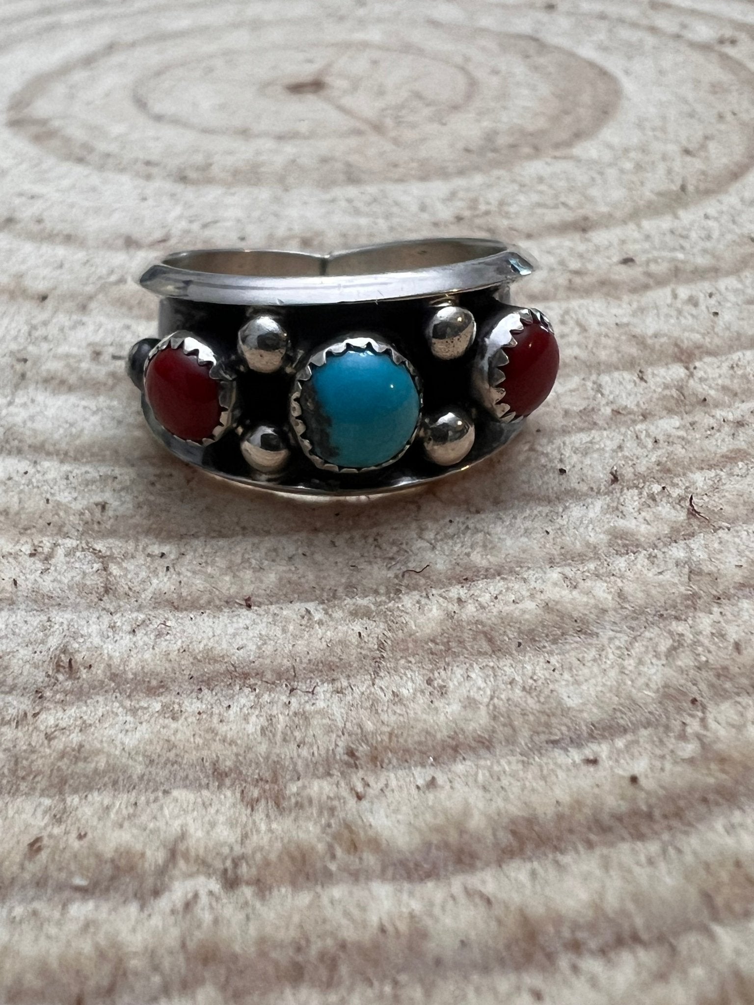 Paul Largo Navajo Turquoise & Coral Sterling Silver Ring — Size 9 - Rooted & Reckless Co.