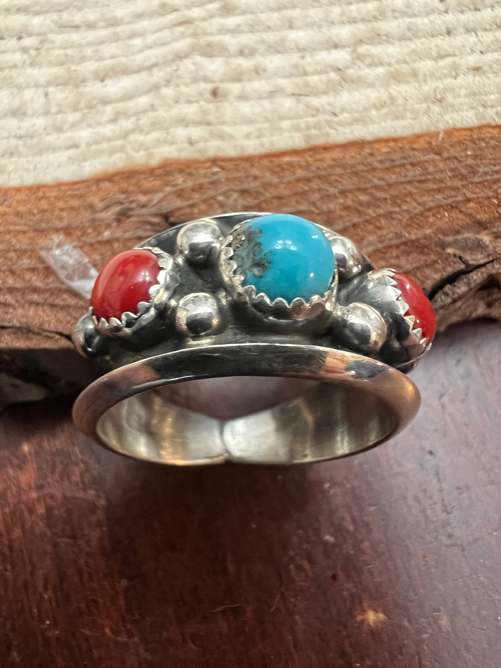 Paul Largo Navajo Turquoise & Coral Sterling Silver Ring — Size 9 - Rooted & Reckless Co.