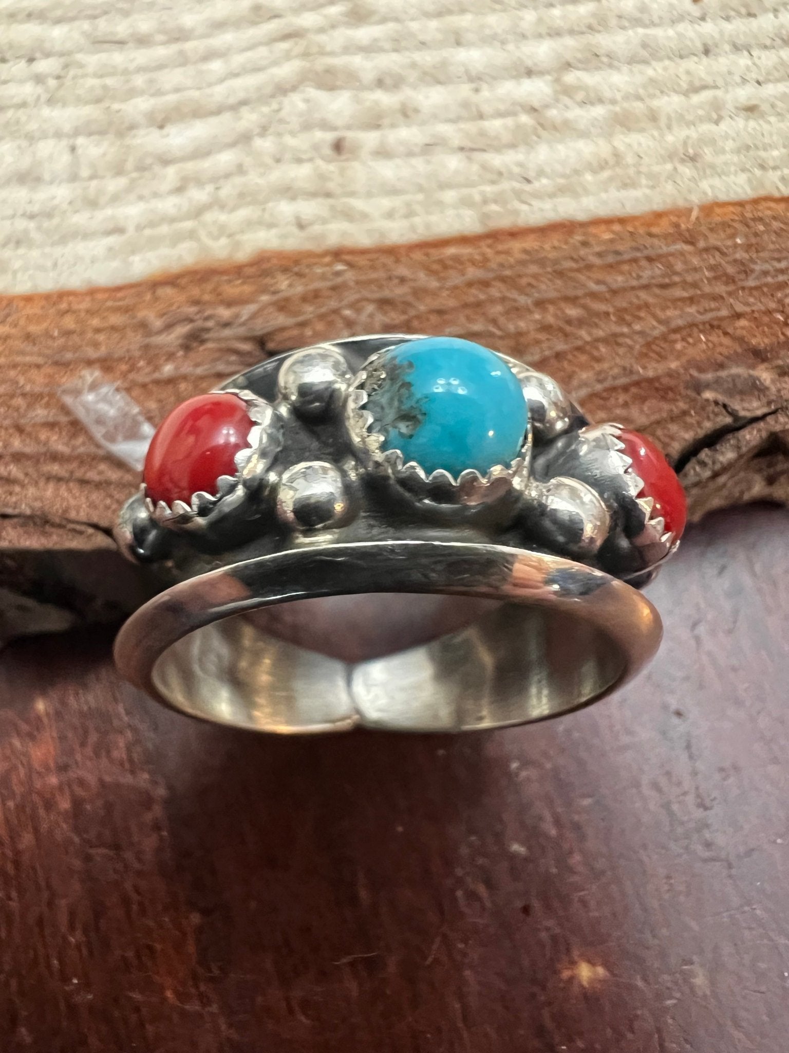 Paul Largo Navajo Turquoise & Coral Sterling Silver Ring — Size 9 - Rooted & Reckless Co.