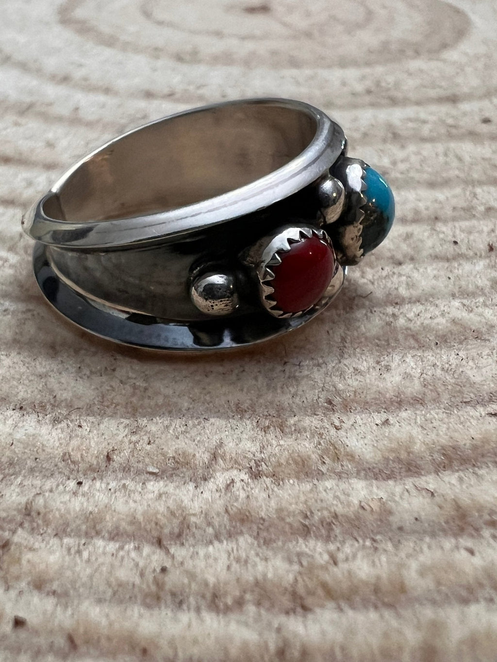 Paul Largo Navajo Turquoise & Coral Sterling Silver Ring — Size 9 - Rooted & Reckless Co.