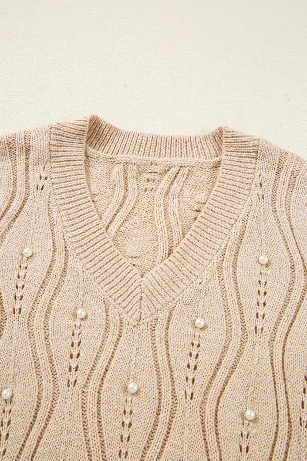 Pearl Beaded Pointelle Knit V-Neck Lace Trim Sweater - Rooted & Reckless Co.