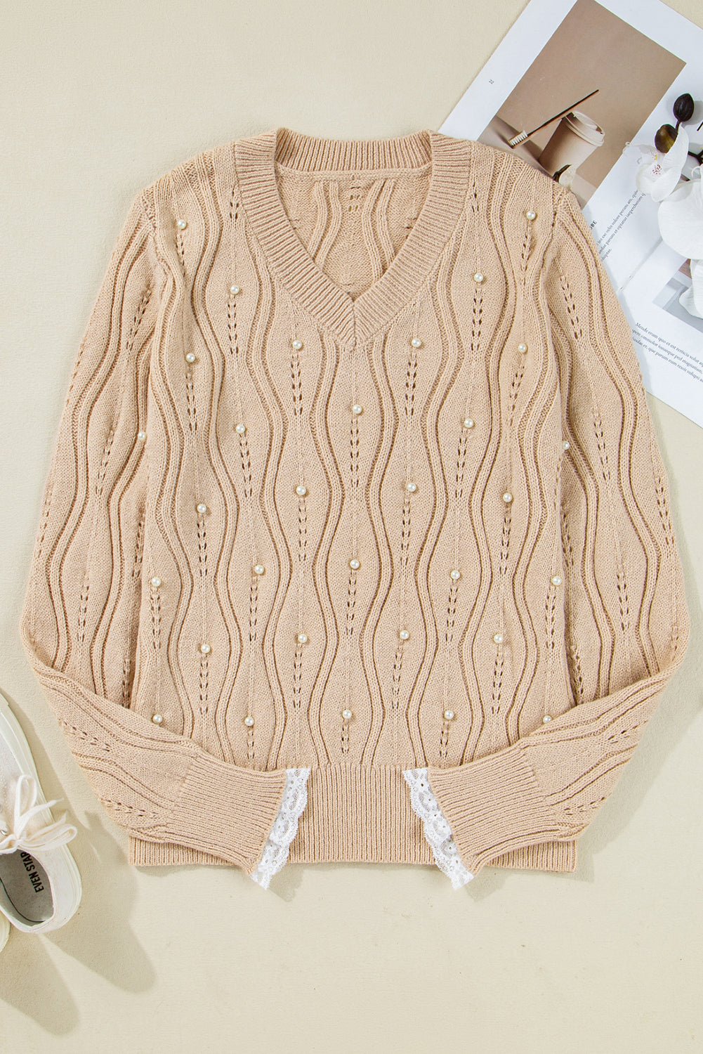 Pearl Beaded Pointelle Knit V-Neck Lace Trim Sweater - Rooted & Reckless Co.