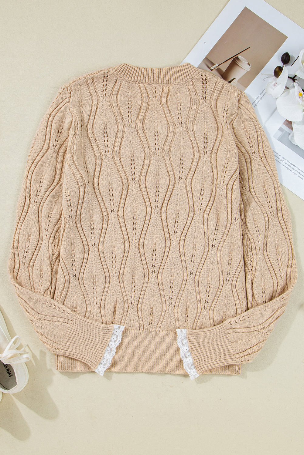 Pearl Beaded Pointelle Knit V-Neck Lace Trim Sweater - Rooted & Reckless Co.
