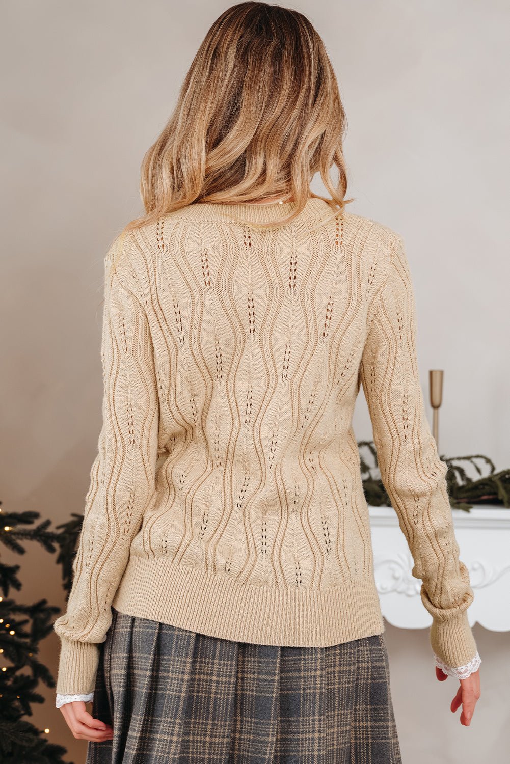 Pearl Beaded Pointelle Knit V-Neck Lace Trim Sweater - Rooted & Reckless Co.