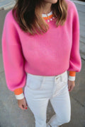 Pearl Contrast Trim Crewneck Drop Shoulder Sweater - Rooted & Reckless Co.
