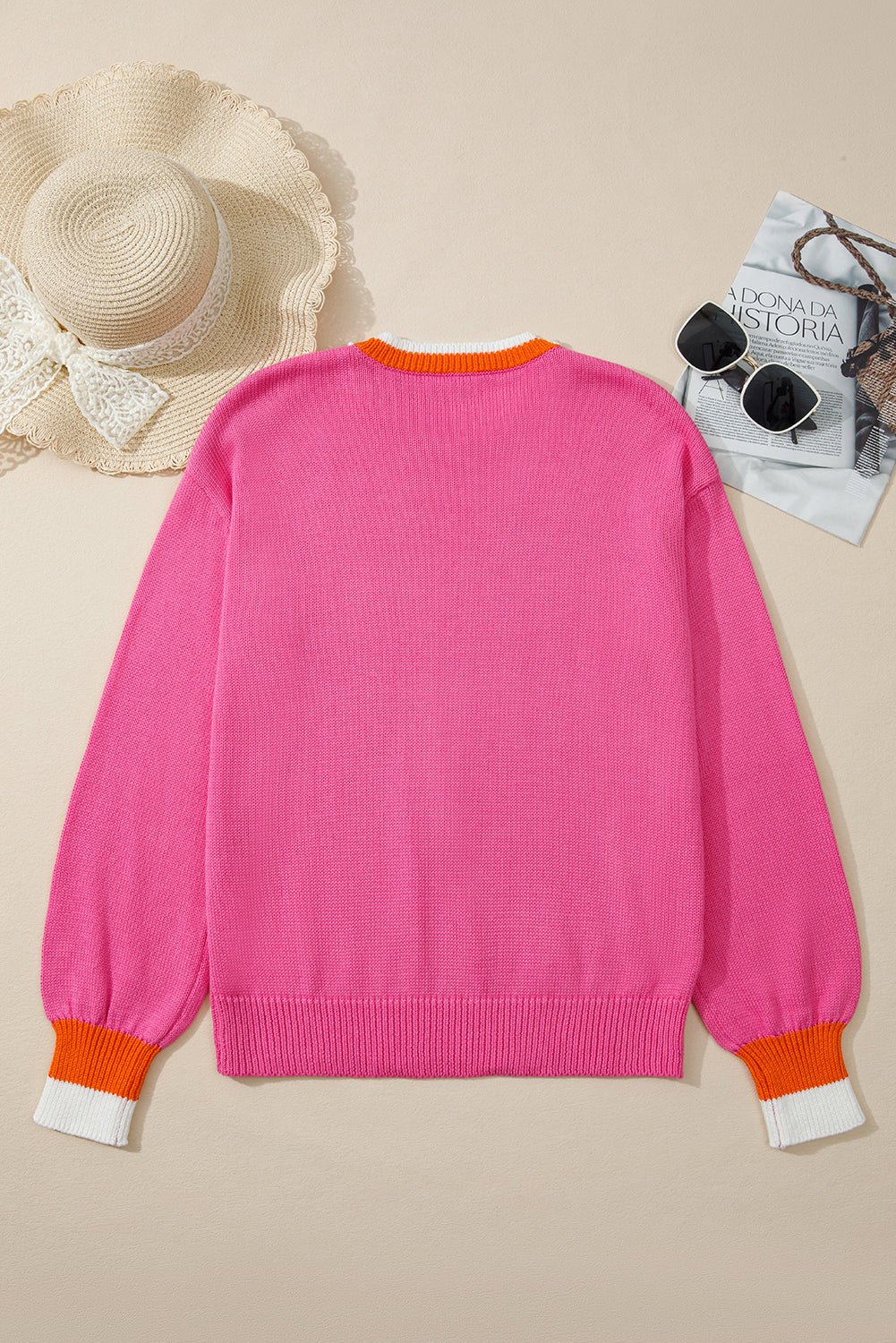 Pearl Contrast Trim Crewneck Drop Shoulder Sweater - Rooted & Reckless Co.