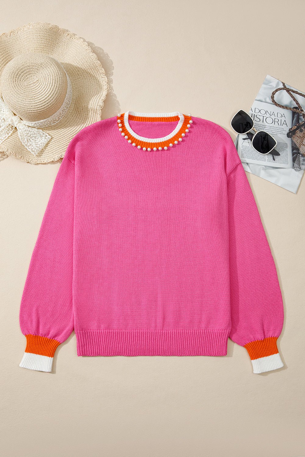 Pearl Contrast Trim Crewneck Drop Shoulder Sweater - Rooted & Reckless Co.