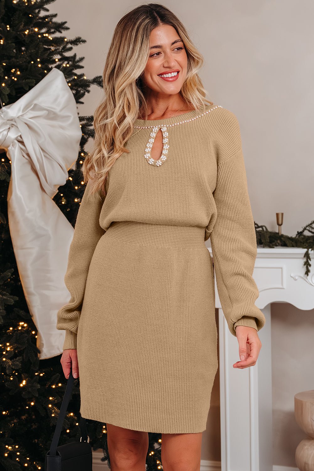 Pearl Embellished Keyhole Ribbed Sweater Dress - Rooted & Reckless Co.