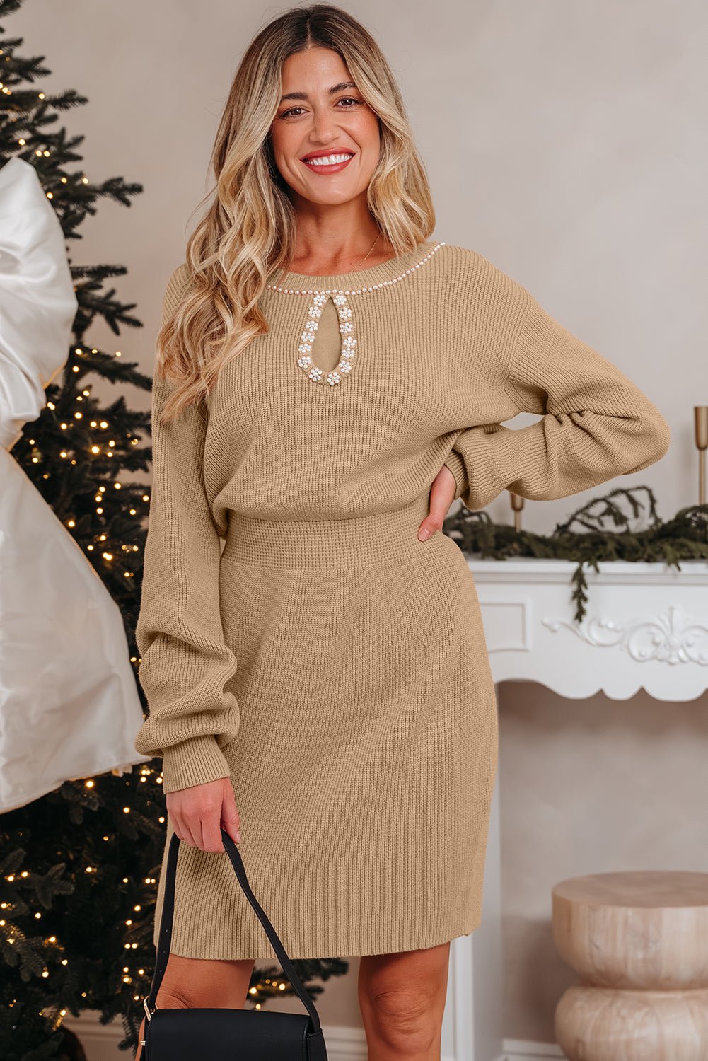 Pearl Embellished Keyhole Ribbed Sweater Dress - Rooted & Reckless Co.