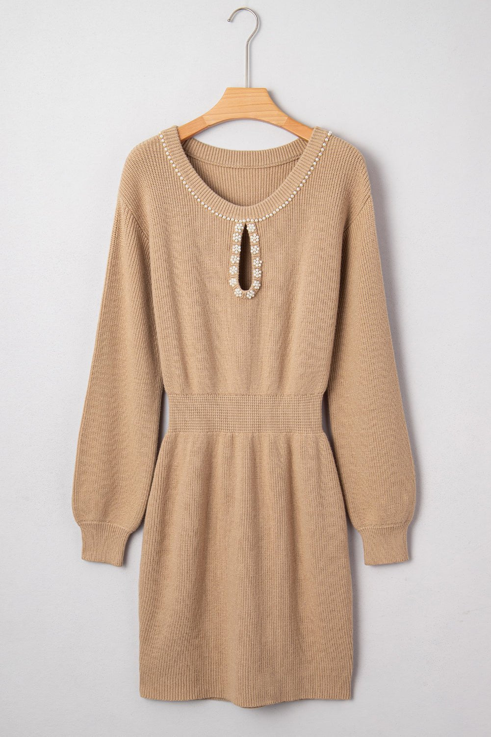 Pearl Embellished Keyhole Ribbed Sweater Dress - Rooted & Reckless Co.