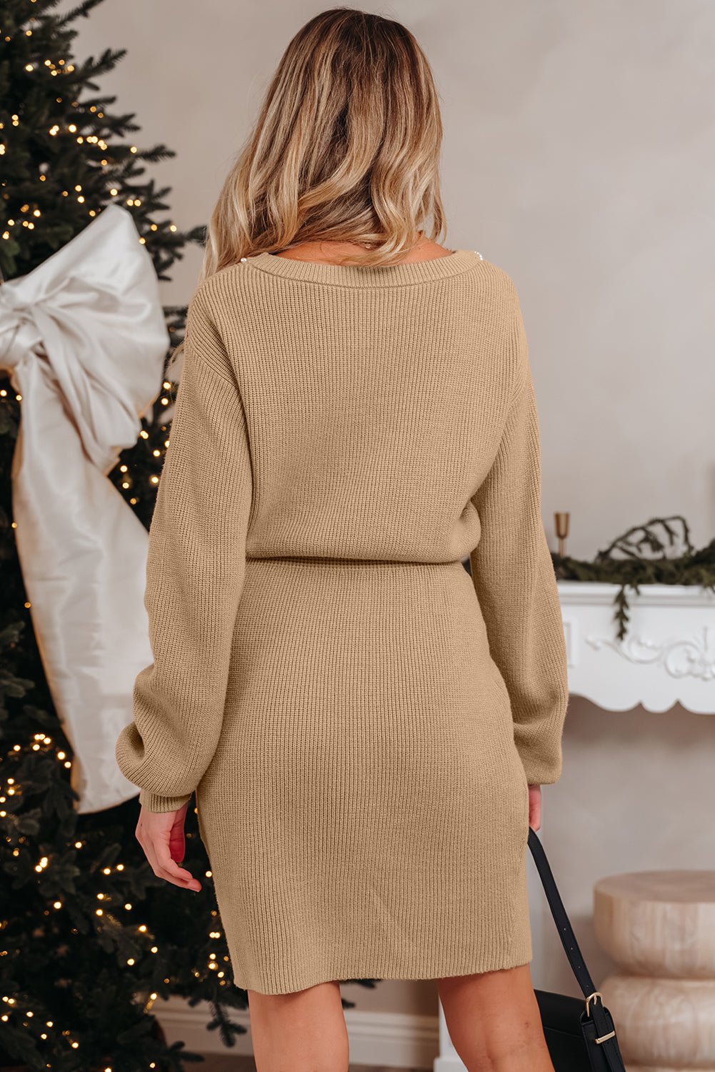 Pearl Embellished Keyhole Ribbed Sweater Dress - Rooted & Reckless Co.