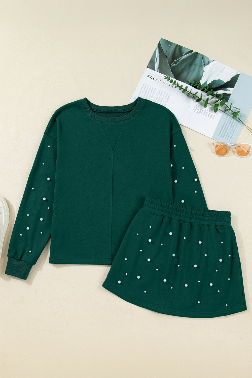 Pearl Embellished Pullover and Mini Skirt Set - Rooted & Reckless Co.