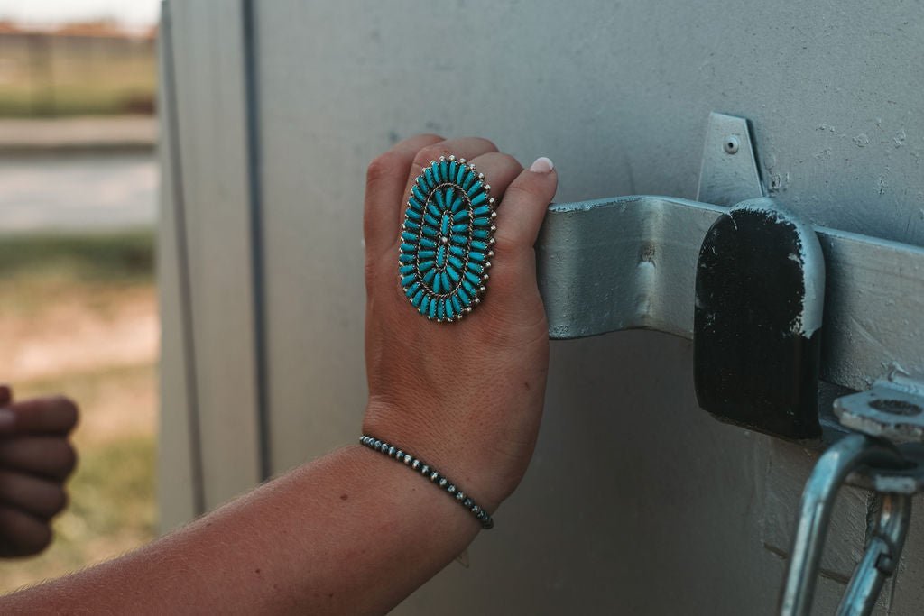 Philena Byjoe Navajo Sterling Silver Cluster Ring with Turquoise — Size 8 (Hallmark PB) - Rooted & Reckless Co.