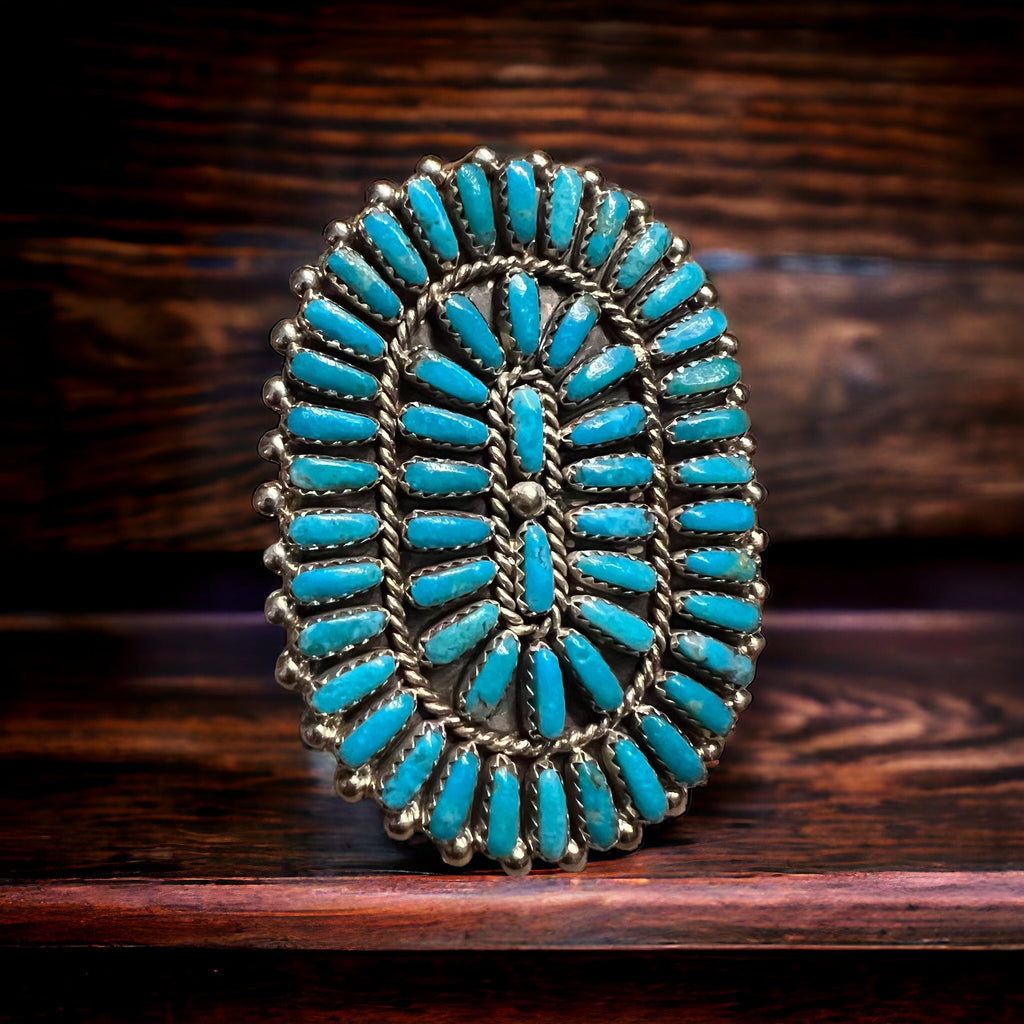 Philena Byjoe Navajo Sterling Silver Cluster Ring with Turquoise — Size 8 (Hallmark PB) - Rooted & Reckless Co.