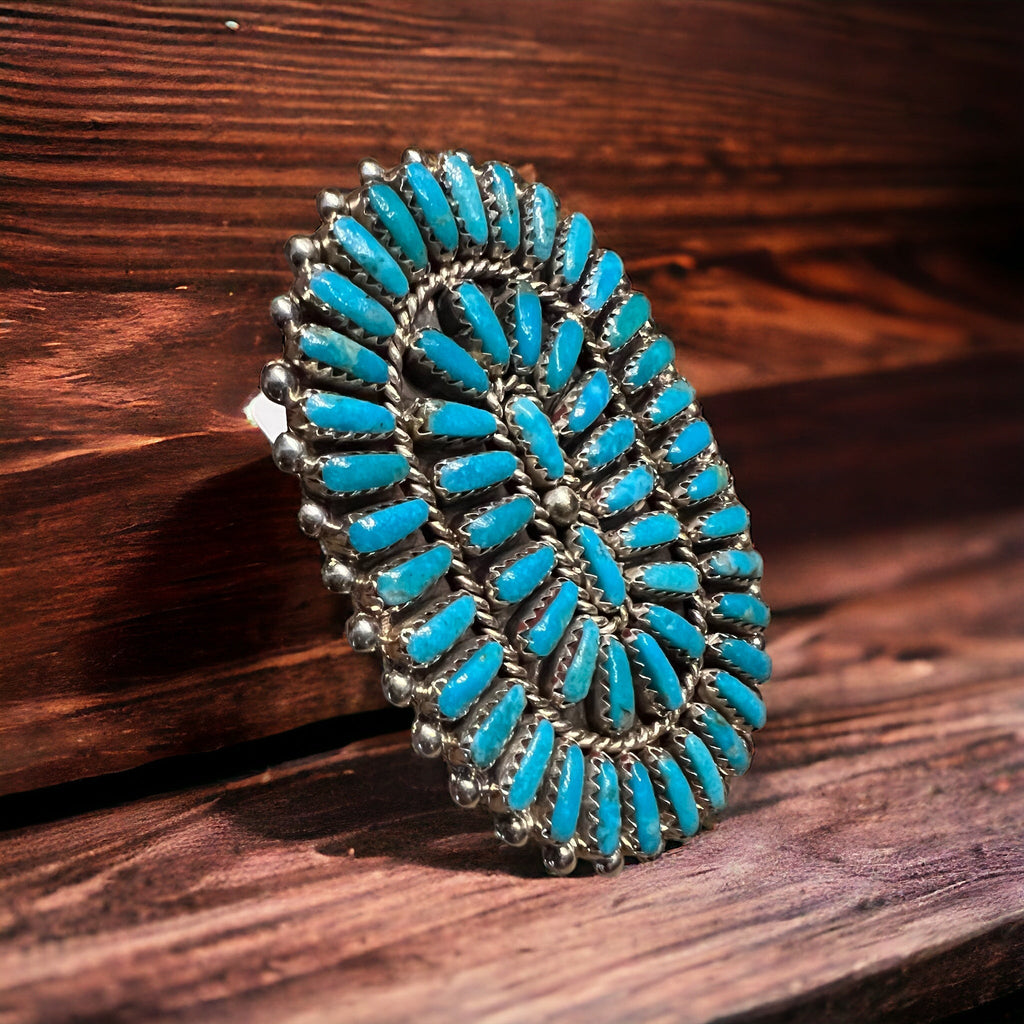 Philena Byjoe Navajo Sterling Silver Cluster Ring with Turquoise — Size 8 (Hallmark PB) - Rooted & Reckless Co.
