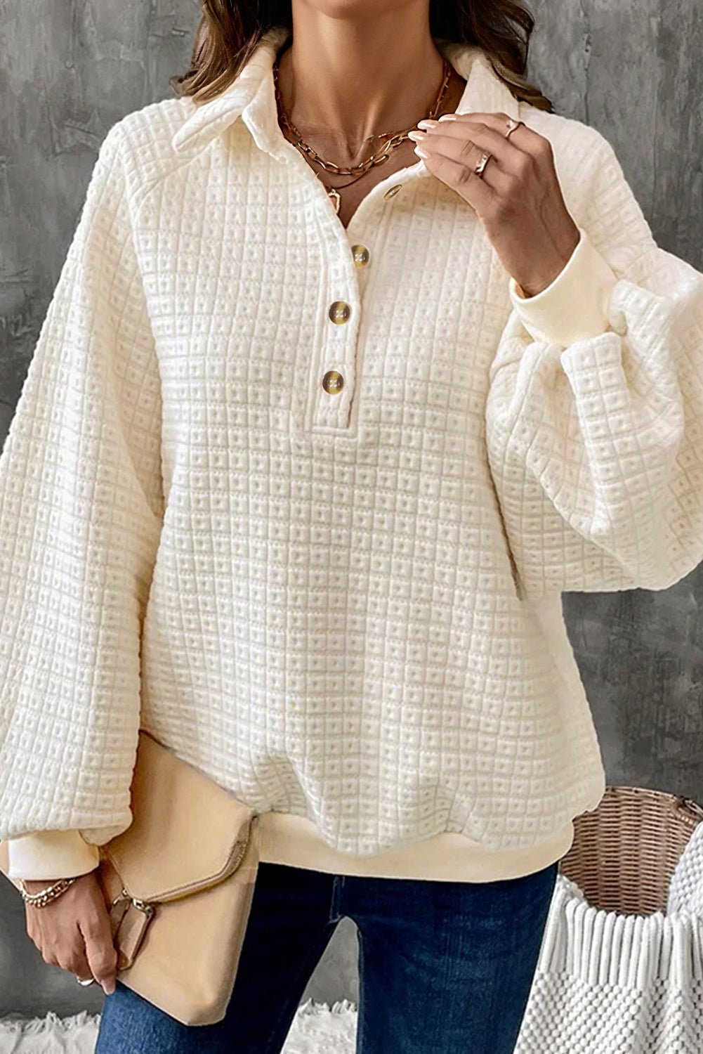 Pineapple Textured Half-Button Collared Sweatshirt - Rooted & Reckless Co.
