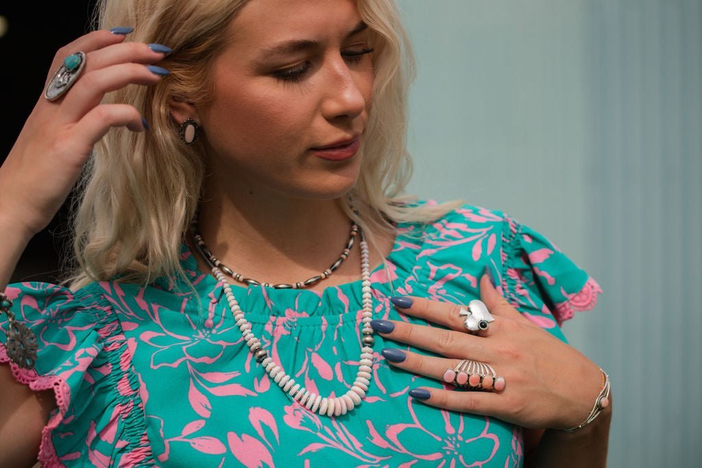 Pink Conch Graduated Necklace with 10mm Sterling Pearl — 22 inch (Handmade in North Texas) - Rooted & Reckless Co.