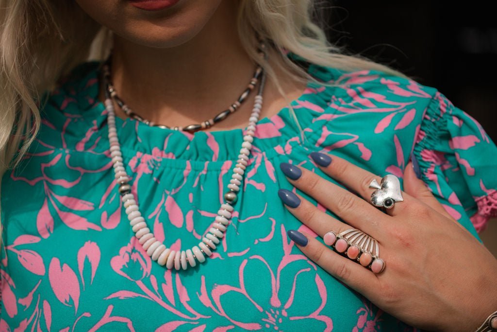 Pink Conch Graduated Necklace with 10mm Sterling Pearl — 22 inch (Handmade in North Texas) - Rooted & Reckless Co.