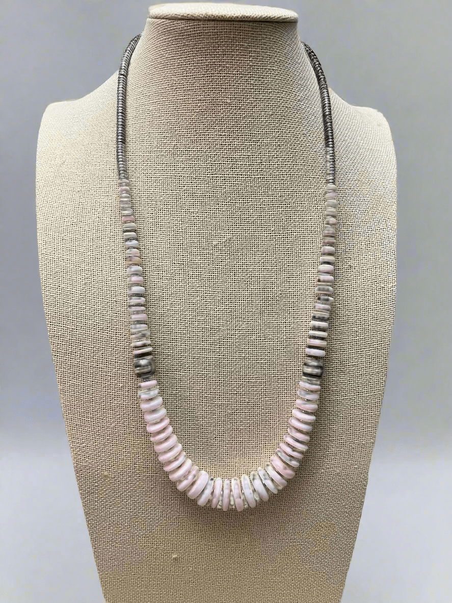 Pink Conch Graduated Necklace with 10mm Sterling Pearl — 22 inch (Handmade in North Texas) - Rooted & Reckless Co.