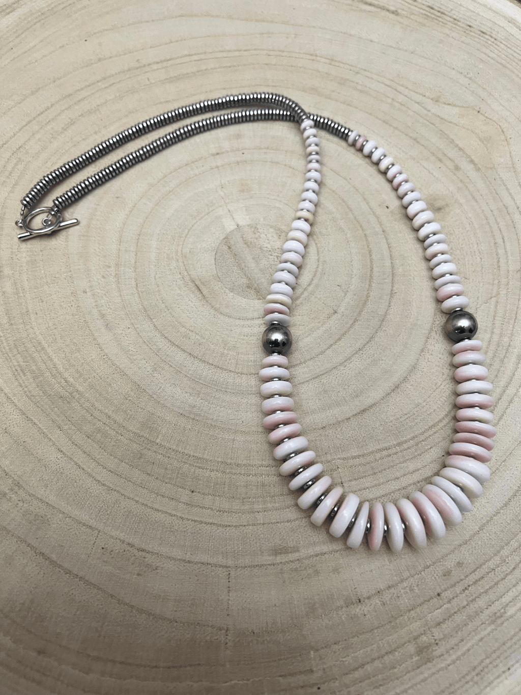 Pink Conch Graduated Necklace with 10mm Sterling Pearl — 22 inch (Handmade in North Texas) - Rooted & Reckless Co.