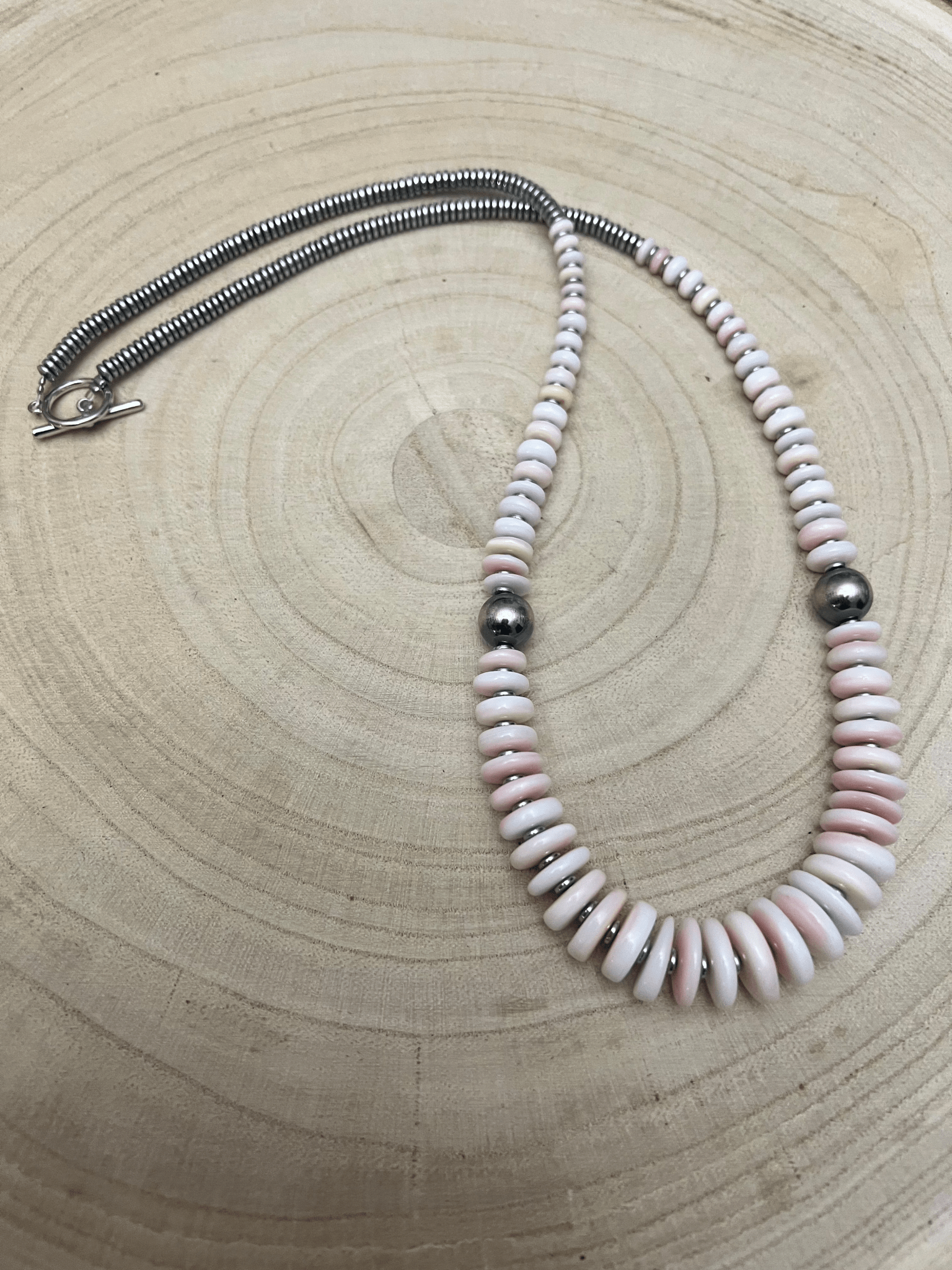 Pink Conch Graduated Necklace with 10mm Sterling Pearl — 22 inch (Handmade in North Texas) - Rooted & Reckless Co.