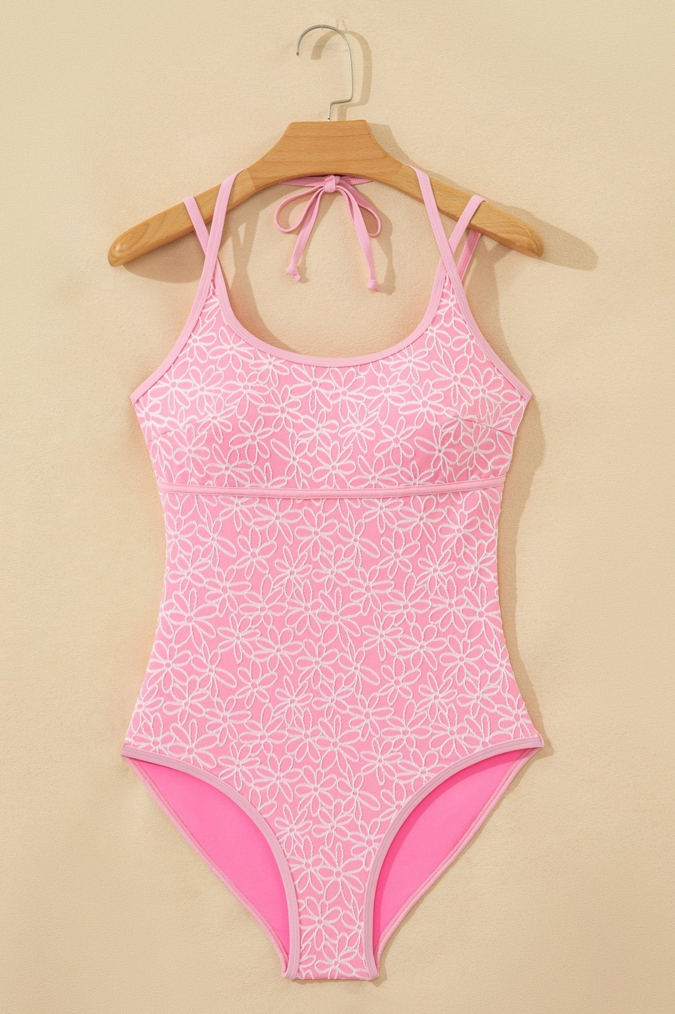 Pink Corded Flower Texture Spaghetti Straps Halterneck One Piece Swimsuit - Rooted & Reckless Co.