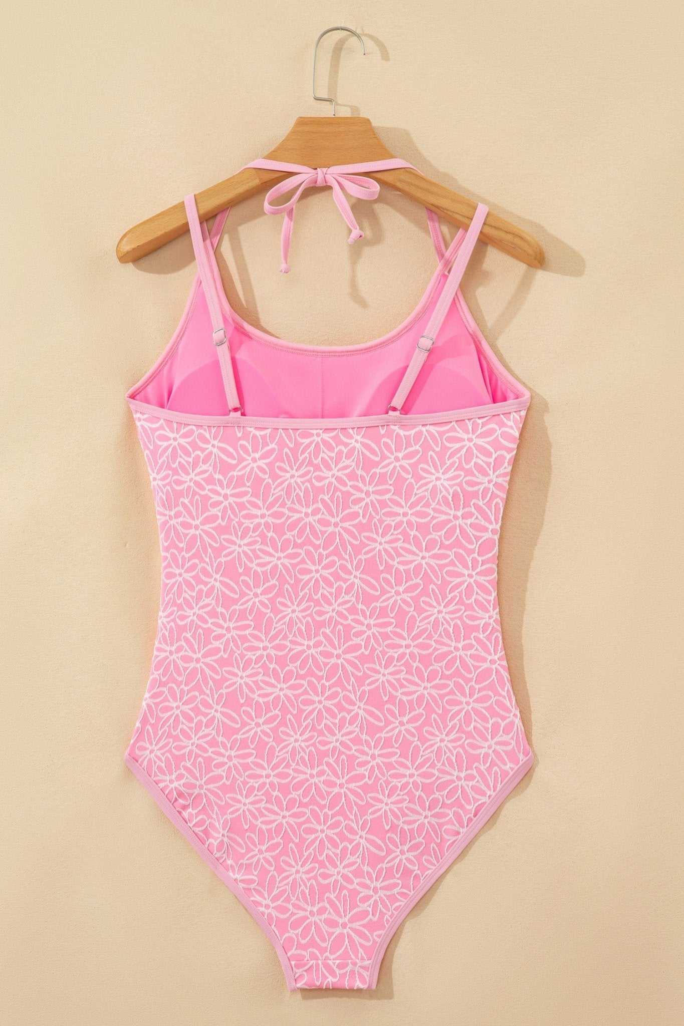 Pink Corded Flower Texture Spaghetti Straps Halterneck One Piece Swimsuit - Rooted & Reckless Co.