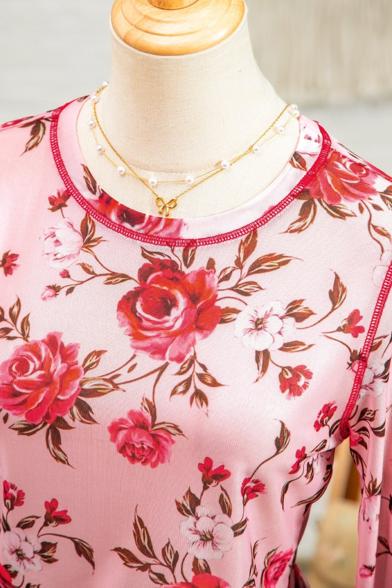 Pink Floral Print Exposed Seam Detail Mesh Long Sleeve Top - Rooted & Reckless Co.