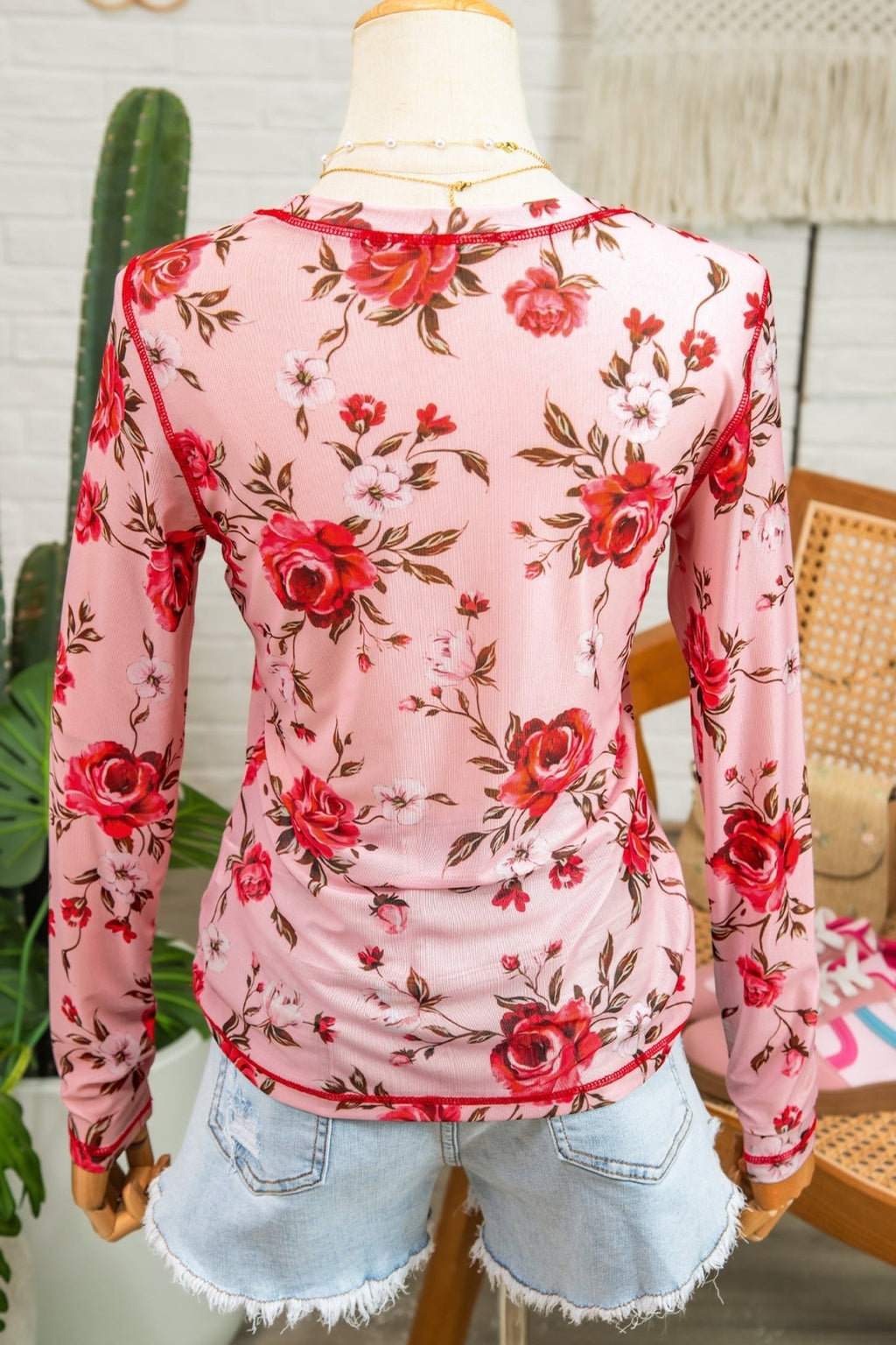 Pink Floral Print Exposed Seam Detail Mesh Long Sleeve Top - Rooted & Reckless Co.