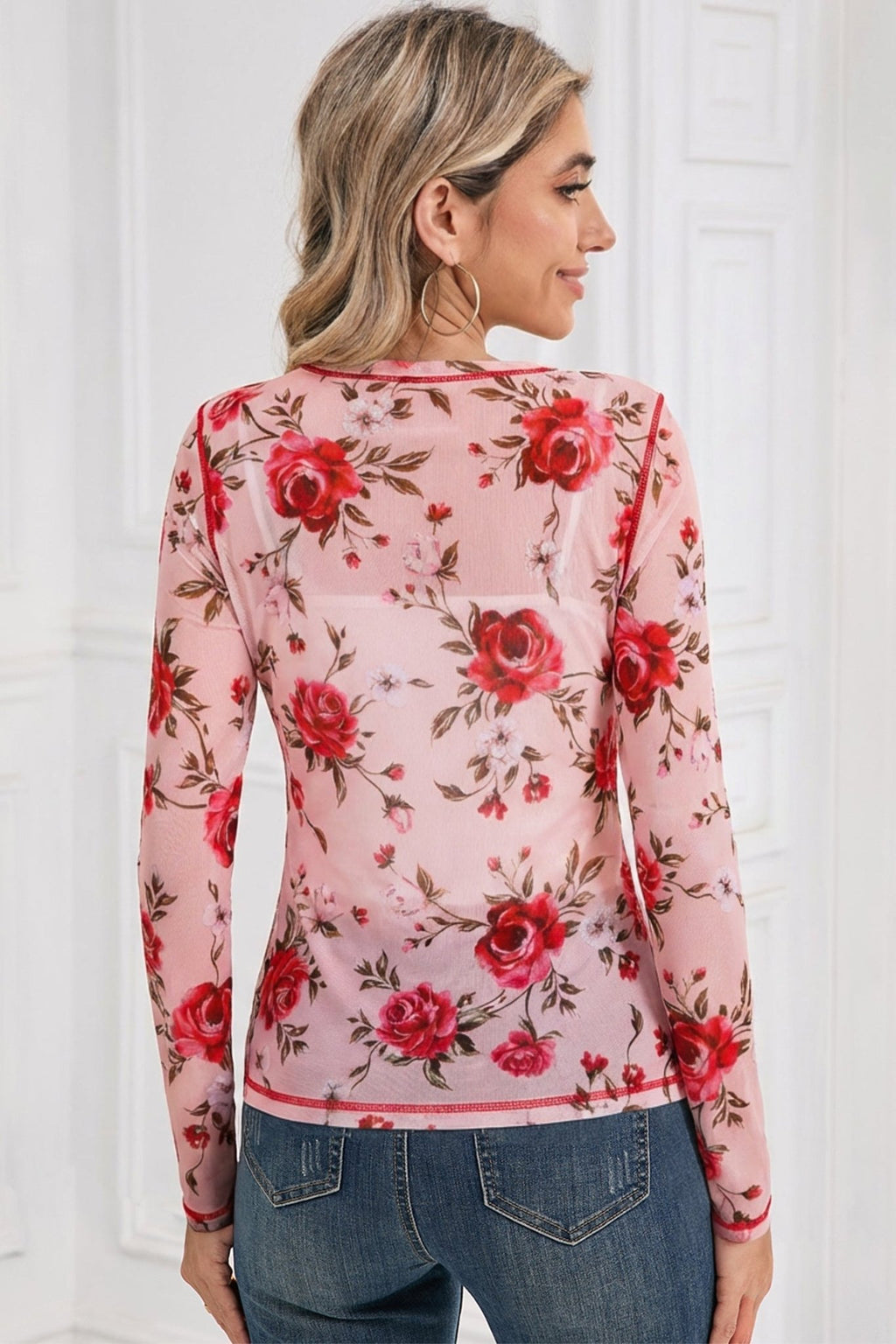 Pink Floral Print Exposed Seam Detail Mesh Long Sleeve Top - Rooted & Reckless Co.