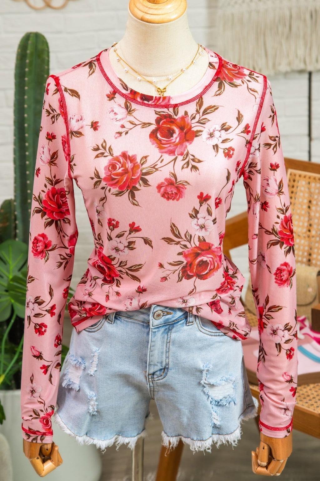 Pink Floral Print Exposed Seam Detail Mesh Long Sleeve Top - Rooted & Reckless Co.