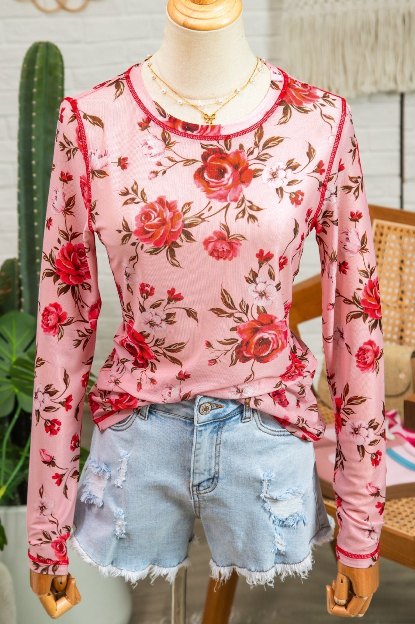 Pink Floral Print Exposed Seam Detail Mesh Long Sleeve Top - Rooted & Reckless Co.