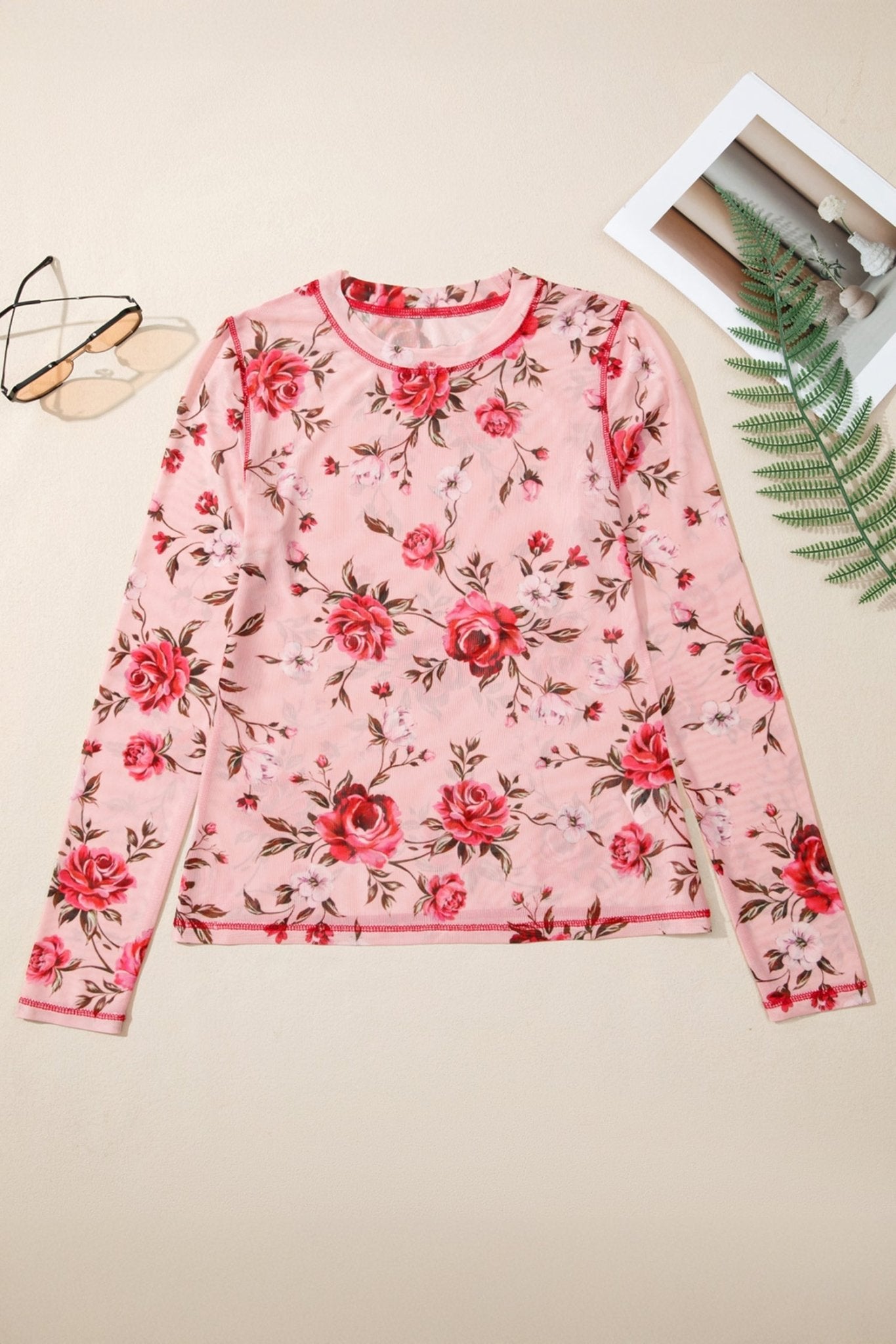 Pink Floral Print Exposed Seam Detail Mesh Long Sleeve Top - Rooted & Reckless Co.