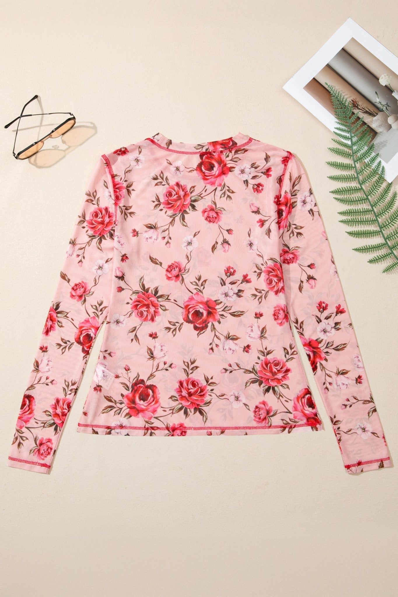 Pink Floral Print Exposed Seam Detail Mesh Long Sleeve Top - Rooted & Reckless Co.