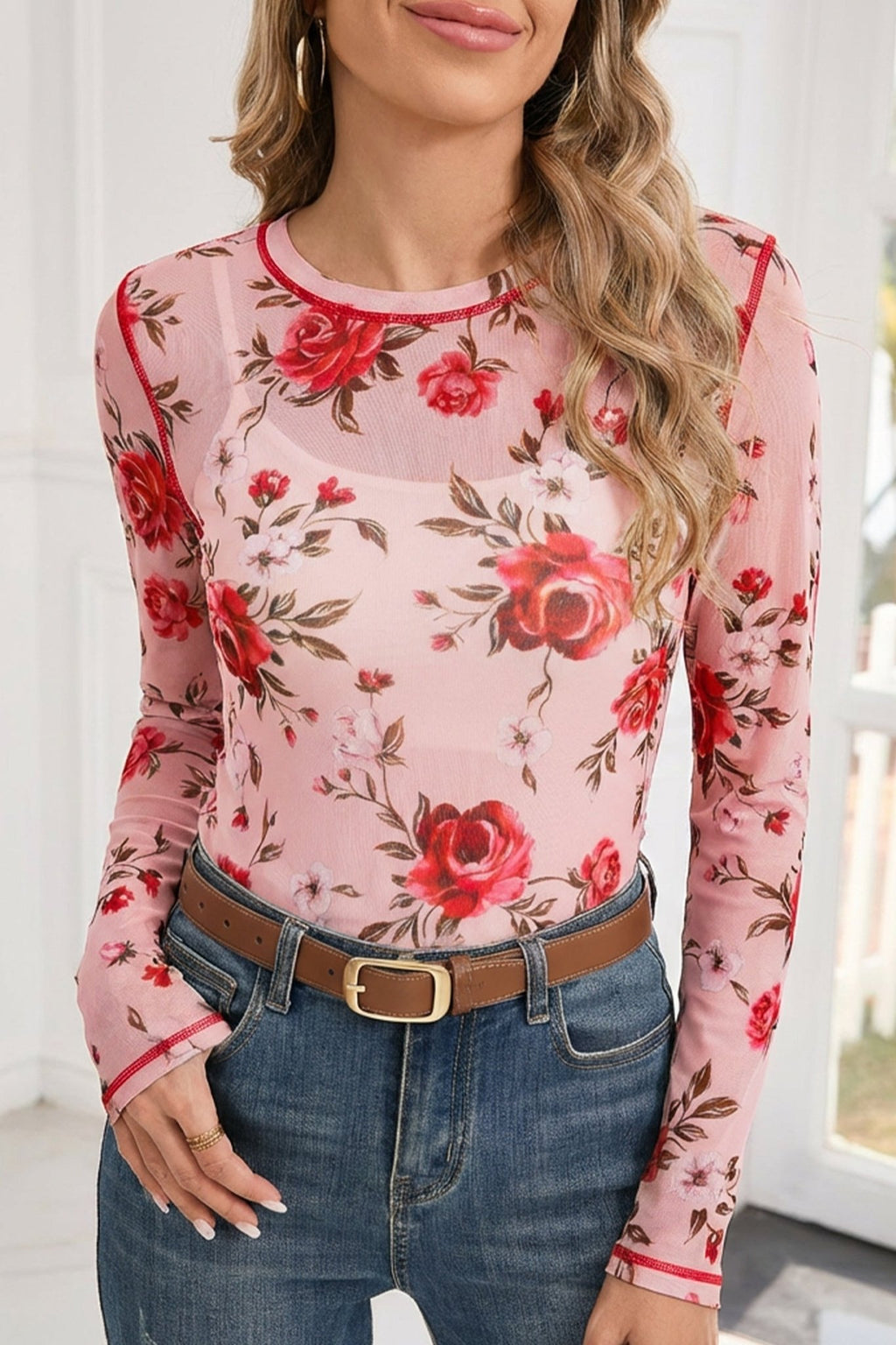 Pink Floral Print Exposed Seam Detail Mesh Long Sleeve Top - Rooted & Reckless Co.