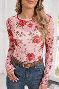 Pink Floral Print Exposed Seam Detail Mesh Long Sleeve Top - Rooted & Reckless Co.
