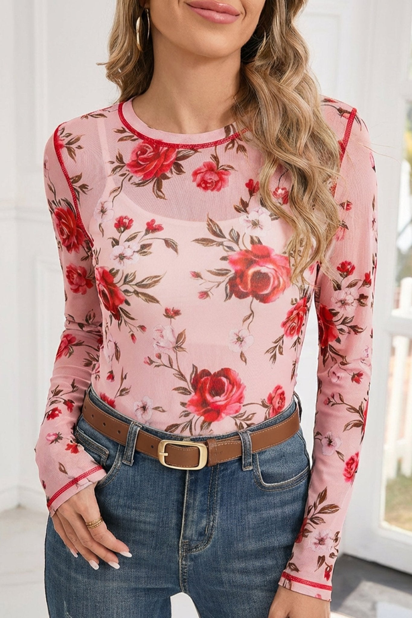 Pink Floral Print Exposed Seam Detail Mesh Long Sleeve Top - Rooted & Reckless Co.