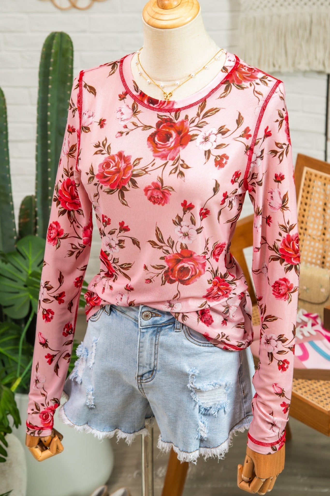 Pink Floral Print Exposed Seam Detail Mesh Long Sleeve Top - Rooted & Reckless Co.