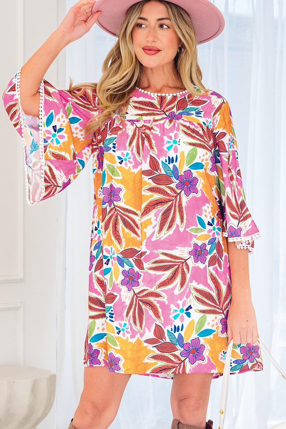 Pink Floral Print Lace Trimmed Tie Back Bell Sleeve Swing Mini Dress - Rooted & Reckless Co.