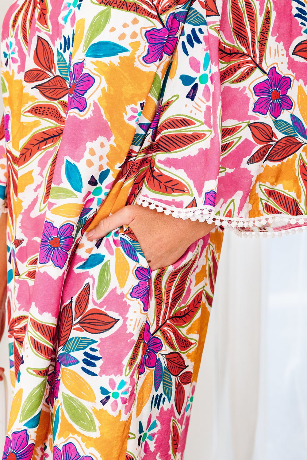 Pink Floral Print Lace Trimmed Tie Back Bell Sleeve Swing Mini Dress - Rooted & Reckless Co.