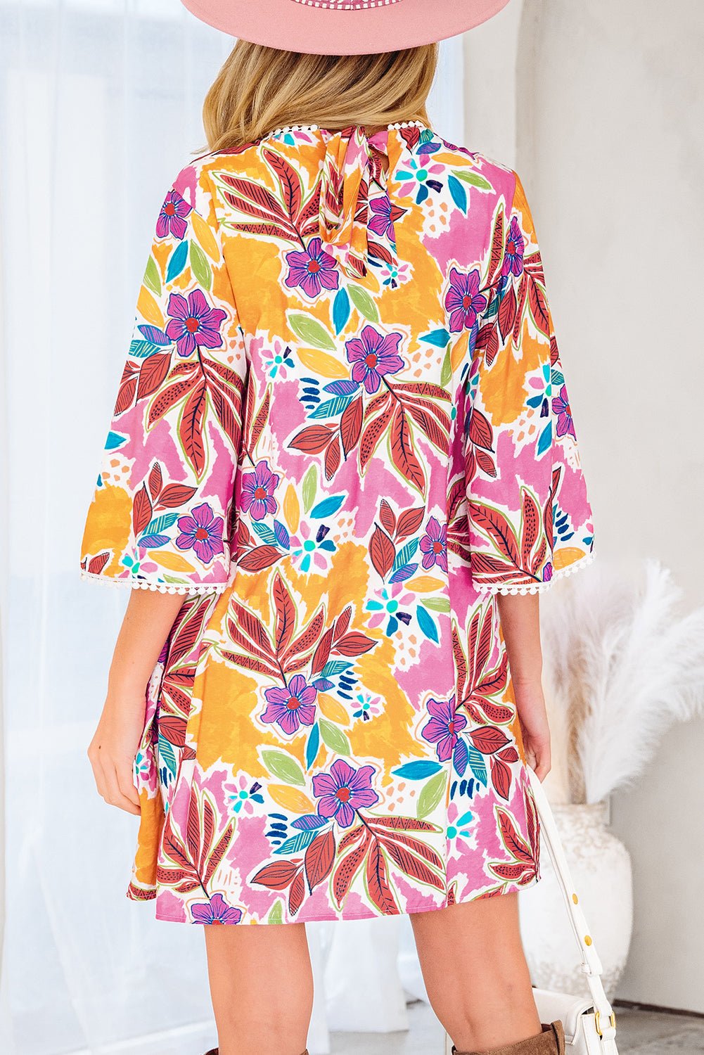 Pink Floral Print Lace Trimmed Tie Back Bell Sleeve Swing Mini Dress - Rooted & Reckless Co.
