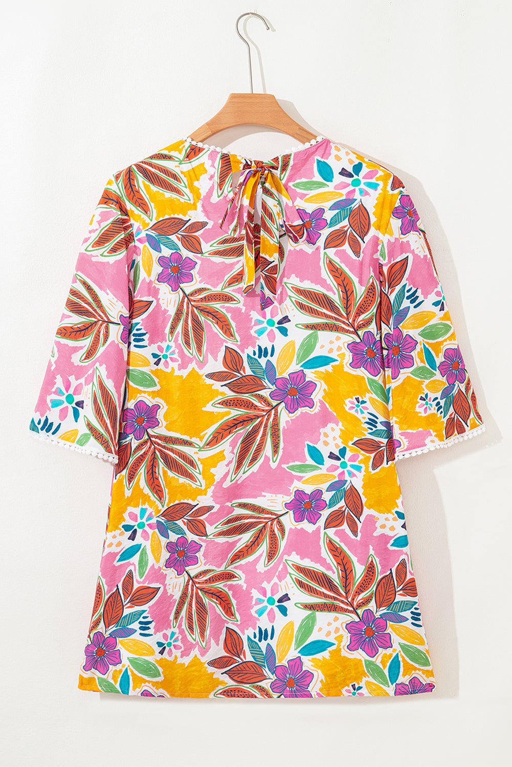 Pink Floral Print Lace Trimmed Tie Back Bell Sleeve Swing Mini Dress - Rooted & Reckless Co.