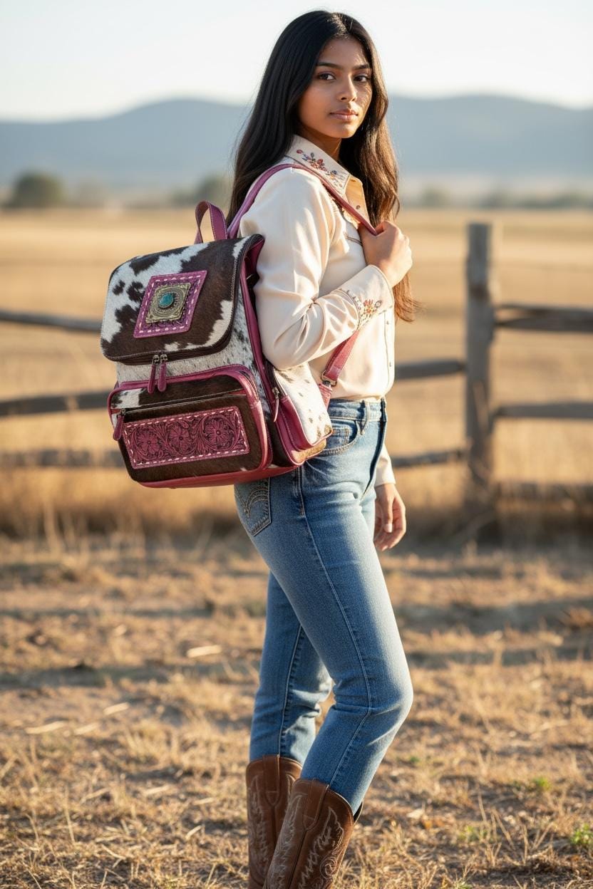 Pink or Turquoise Genuine Western Cowhide Leather Backpack Diaper Bag Personal Item carry-on luggage by Double B Wild Rags - Rooted & Reckless Co.