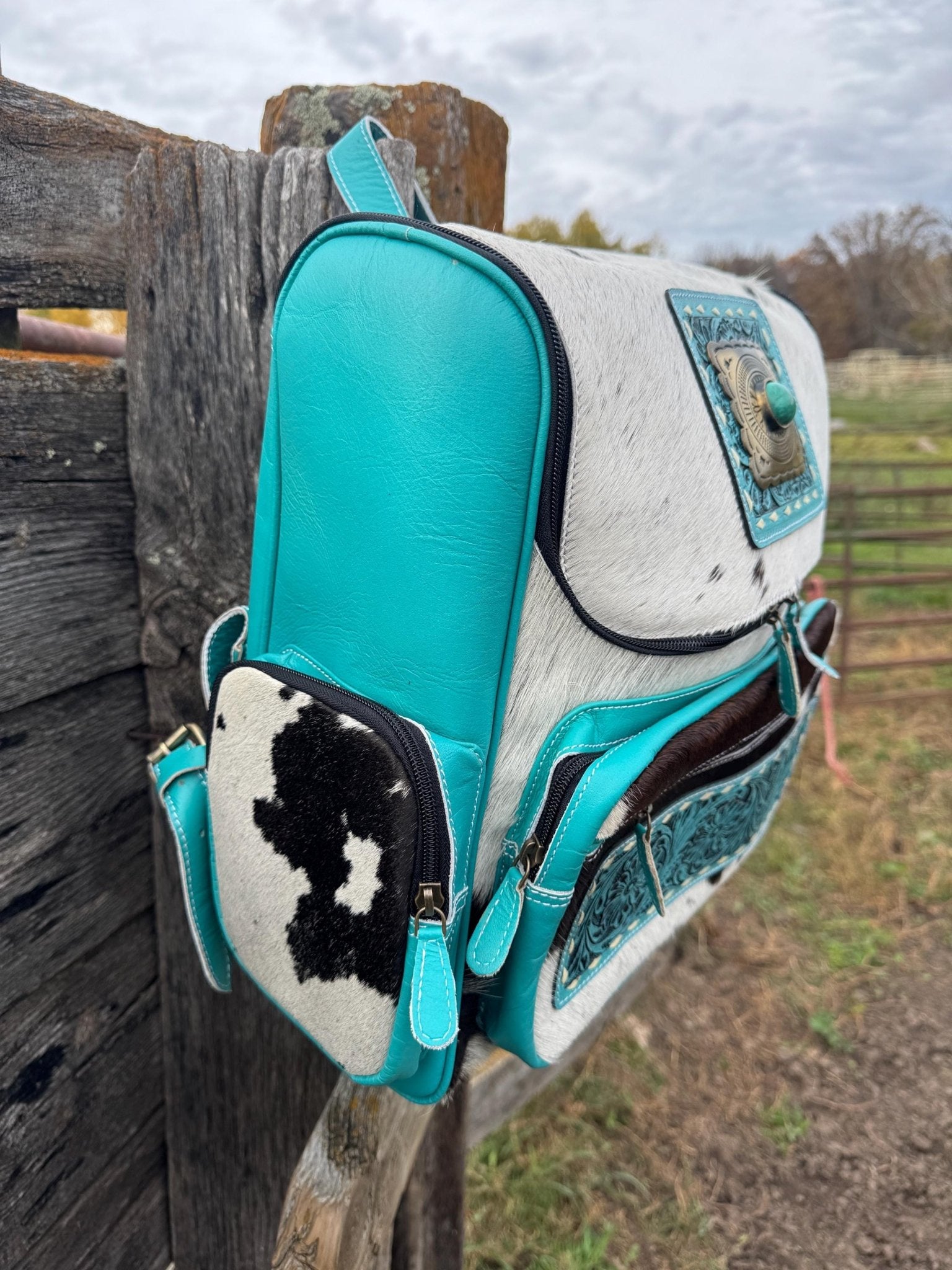 Pink or Turquoise Genuine Western Cowhide Leather Backpack Diaper Bag Personal Item carry-on luggage by Double B Wild Rags - Rooted & Reckless Co.