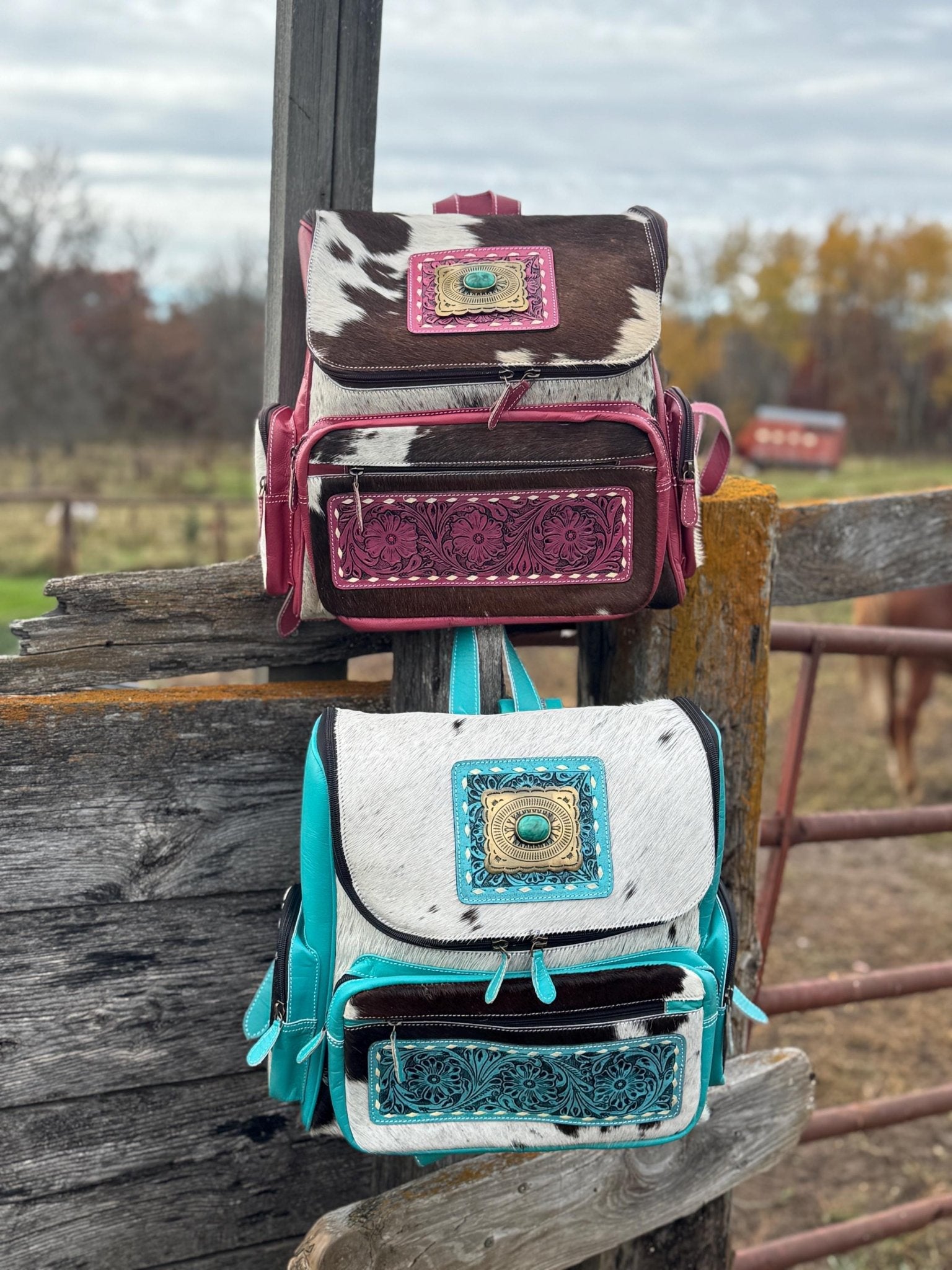 Pink or Turquoise Genuine Western Cowhide Leather Backpack Diaper Bag Personal Item carry-on luggage by Double B Wild Rags - Rooted & Reckless Co.